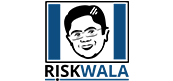 Minimalist blue logo featuring two vertical bars on either side of a central column of small dots. Below, bold text reads RISKWALA in capital letters.