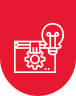 A red background featuring a white light bulb icon surrounded by gears, symbolizing innovation and creativity.