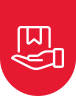 A red background featuring a white icon of a hand grasping a book, symbolizing knowledge and learning.