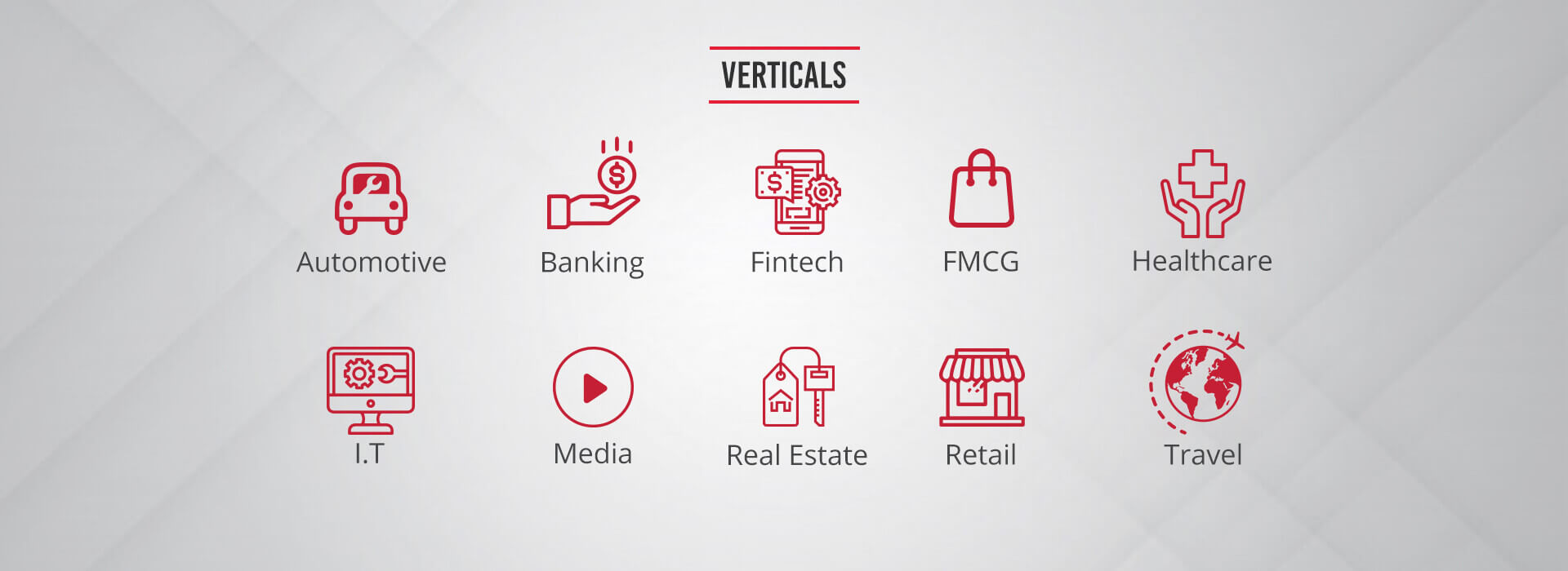 An infographic showing various industry verticals represented by icons with labels. The verticals include Automotive, Banking, Fintech, FMCG, Healthcare, IT, Media, Real Estate, Retail, and Travel. Each industry has a red icon and text beneath it.