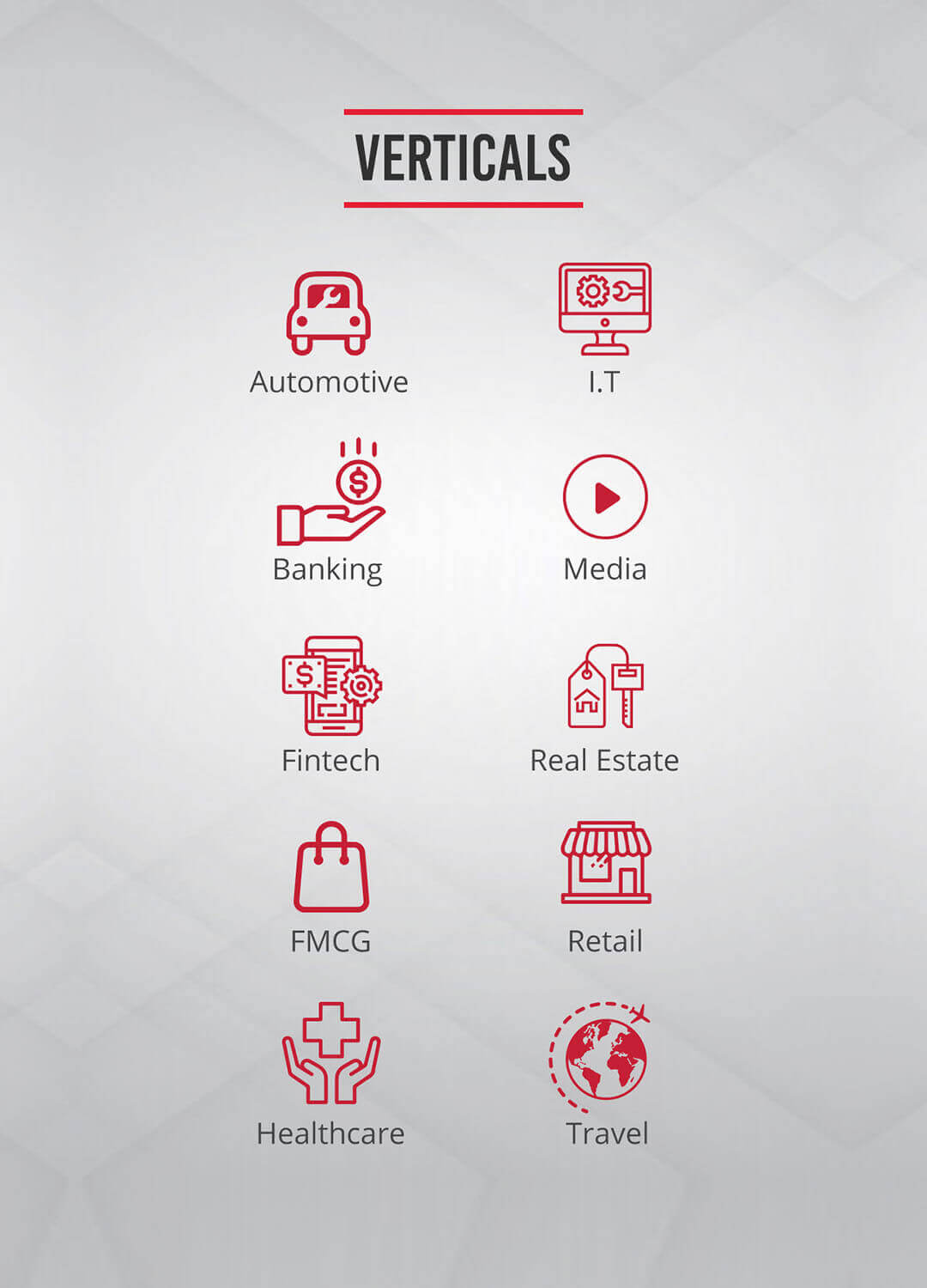 An infographic showing various industry verticals represented by icons with labels. The verticals include Automotive, Banking, Fintech, FMCG, Healthcare, IT, Media, Real Estate, Retail, and Travel. Each industry has a red icon and text beneath it.